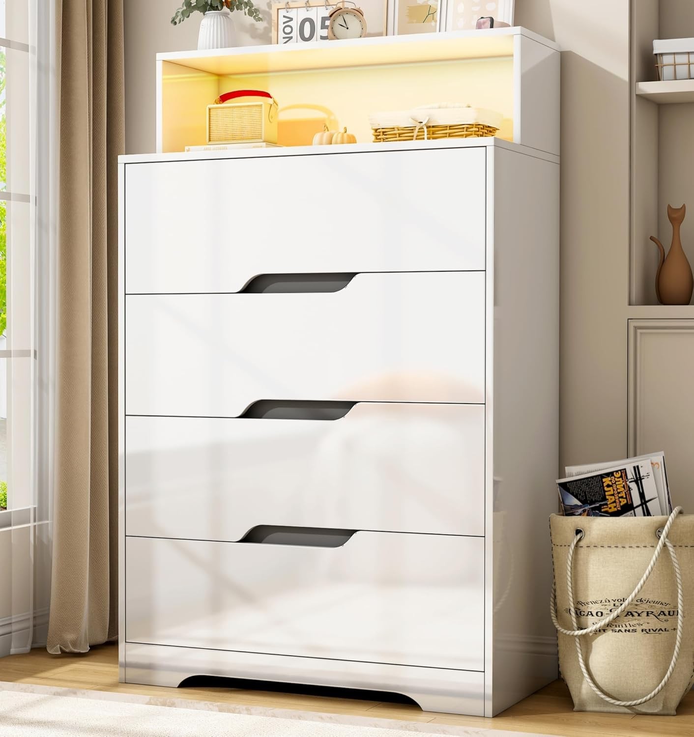 Glossy White LED Dresser with 6 Drawers 47.2 Inch Modern Storage