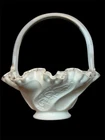 Vintage Fenton White Milk Glass Basket Ruffled Edge Clear Handle Embossed Scroll