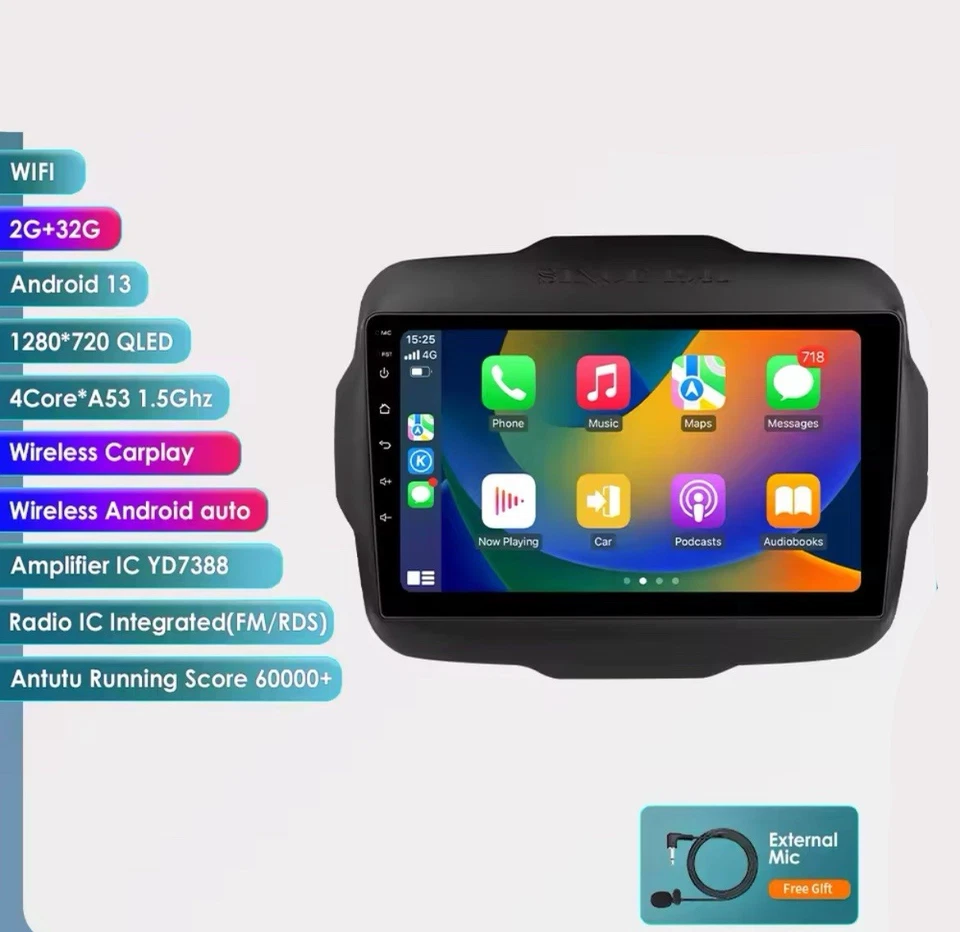 Jeep Renegade 2016-2020 Autoradio android 13 Carplay 2+32GB Colore Nero - Immagine 2 di 2