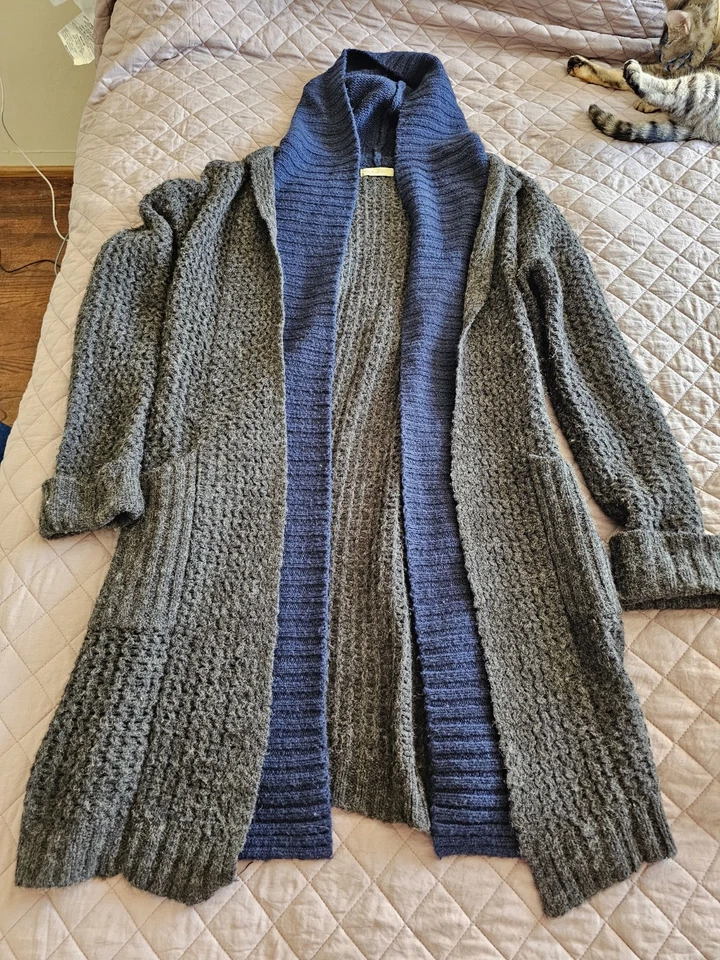 Cárdigan abierto Sleeping On Snow Anthro mezcla de lana grueso acogedor gris azul con capucha M Foto 2 de 4