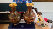 Pair Bottle Vases Metal Enamel Brown Gold Floral Pattern Decorative