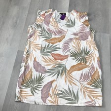 Tahari 100% Linen Dress 3X White Brown Green Wavy Leaf Print V Neck Pullover