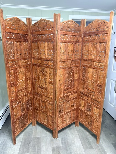 Hand Carved Antique Wood Room Divider Screen, Floral Design, 4-Panel
