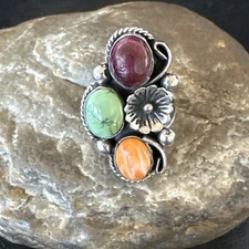 Multicolor Ring Turquoise Spiny Navajo Sterling Silver Cluster Size 7 19179