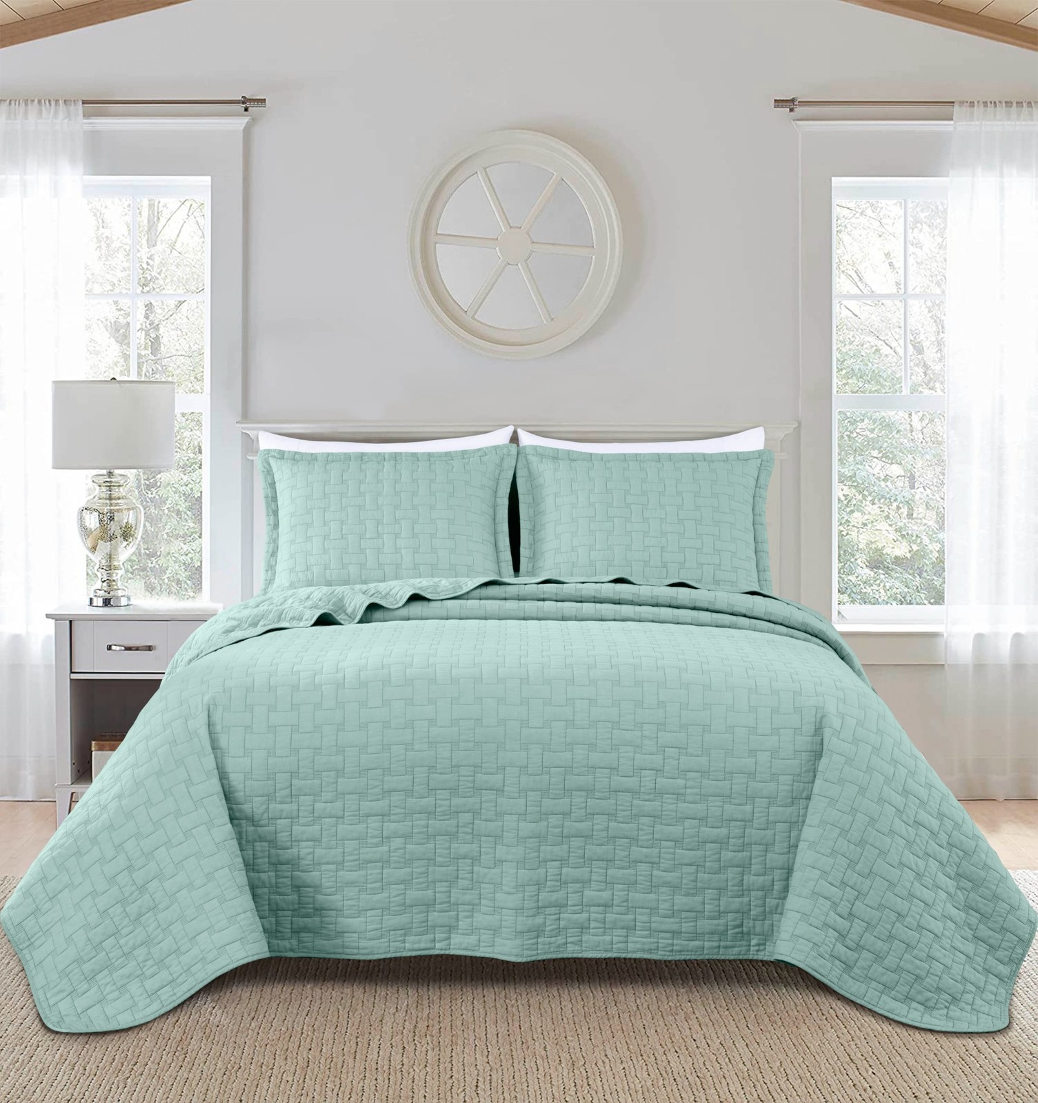 Chezmoi Collection Vert 3-Piece Basketweave Stitch Pre-Washed Cotton Quilt Set