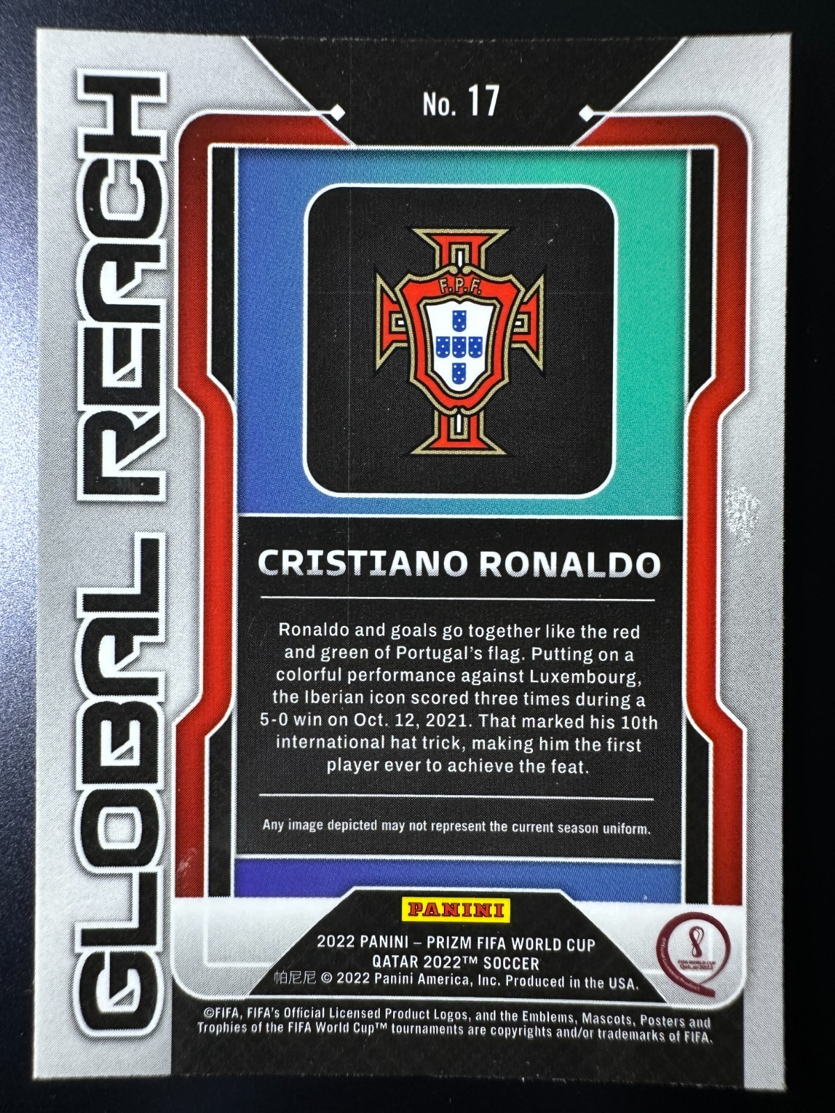 2022 Panini Prizm FIFA World Cup Qatar Global Reach Base- Cristiano Ronaldo No.2 view 2