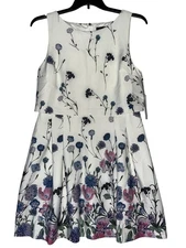 Ivanka Trump White Floral Sleeveless Fit & Flare Dress W/ Zip Back Womens Plus S