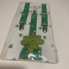 St. Patrick's Day Green White Shamrock Novelty Irish Suspenders, 30 Inches Long