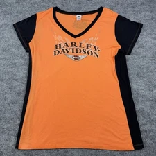 Harley Davidson T Shirt Womens 3XL Orange Black Short Sleeve V Neck