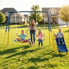 Metal Swing Set for Kids with 54" Slide Outdoor Backyard Playset 440lbs Capacity