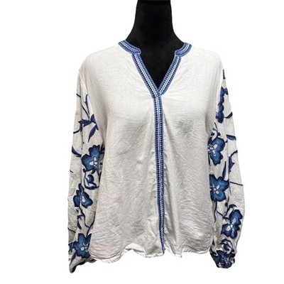 Calypso St Barth Blouse Womens M White Blue Floral Embroidered Linen