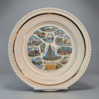 NEBRASKA Corn Husker State Souvenir Plate Bellevue Gold Detailing Fluted Rim