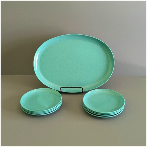 Vintage Melamine Melmac Debonaire Turquoise Platter-Dessert Plates Speckled