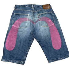 EVISU Daikoku Half Pans Shorts Denim Jeans Cotton Blue W36 Inseam 14.6in