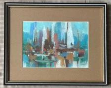 Vintage WILLIAM JACOBS Abstract Pastel Painting Modern Art Wall Hanging Nautical