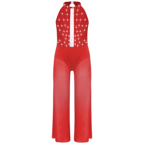 Kids Girls Dancewear Pants Jumpsuit Back Bodysuit Party Rhinestones Sparkly - Picture 34 of 82