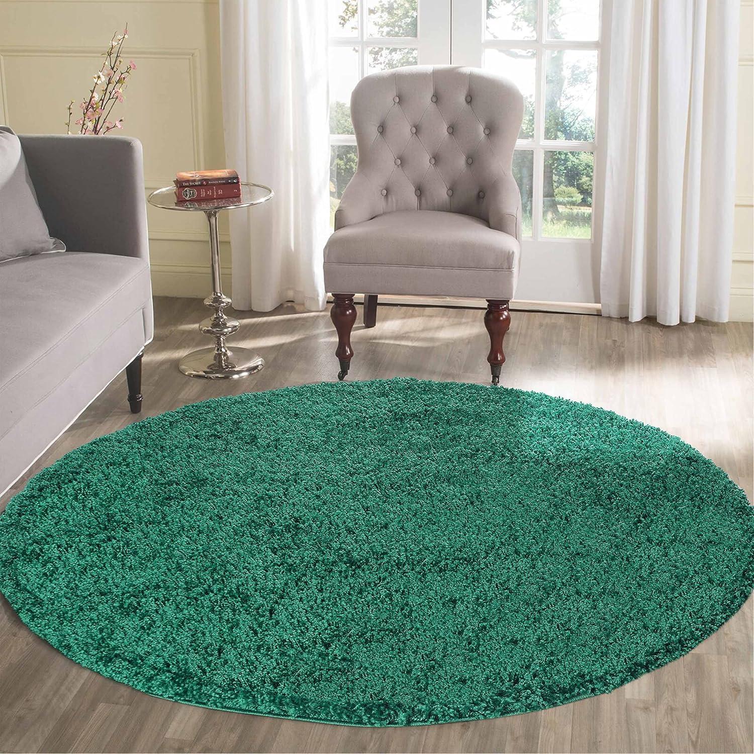 Plain Living Room Shaggy Area Rugs, Emerald, 120x120cm(4x4'), Serdim Rugs