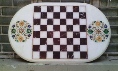 2'x1' Marble Chess Table Top Center Malachite Inlay Work Handmade