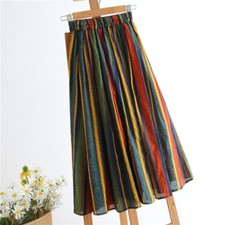 Jupe Midi Rayée En Coton À Taille Élastique Plissée Style Bohème Multicolore