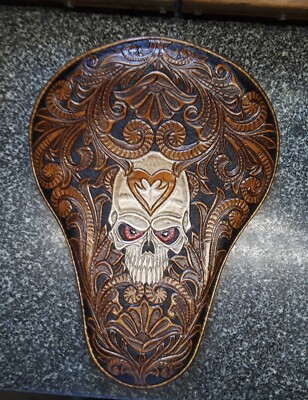 100% Hand Tooled & Stitched Chopper, Bobber Seat.  Tan Filigree Skull Face