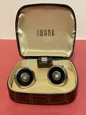 Vintage SWANK Art Deco black enamel silver Faux Diamond Center CUFFLINK SET 
