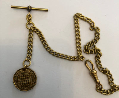 Vintage Typ Massivmessing Single Albert Taschenuhr Kette Drei Pence 3D Anhänger
