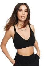 NWT CULPOS X INC Women's L Large Black Fuzzy Cropped V Neck Tank Top Bralette