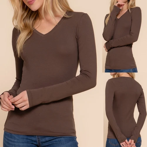 Womens V-Neck Cotton Stretch Long Sleeve Top T-Shirt Plain Fitted Layering