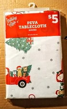 Holiday Style Christmas 60" Round Tablecloth Santa Stop Here Red pickup  3 Dogs