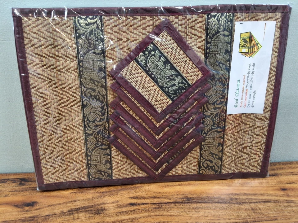 Thai Elephant Silk Reed Handmade Placemat and Coaster Set of 6 NEW - Image 2 of 4