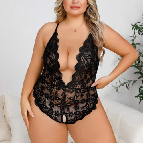 Plus Size Lace Hollow Bodysuit – Deep V Crotchless Lingerie - Picture 19 of 34
