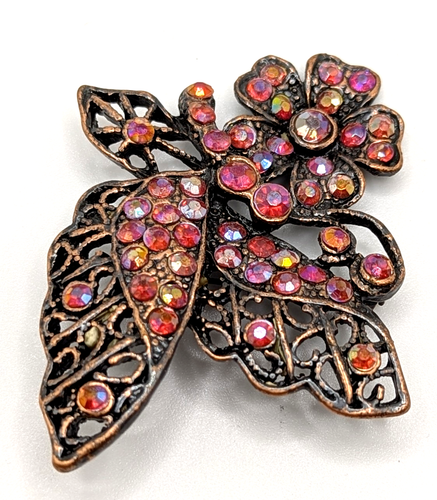 Vintage Butterfly w/ Flower Brooch/Pin Pink Rhinestones Unsigned Bronze Tone VGC - Picture 4 of 8
