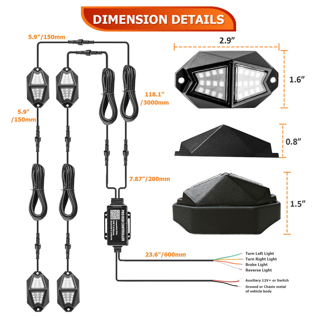 8x RGB LED Rock Lights Wire Kit Wireless APP control For 8x RGB LED Rock Lights Wire Kit Wireless APP control For