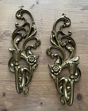 Pair VTG Homco Syroco Gold Floral Wall Candle Sconces 4531 MCM Hollywood Regency
