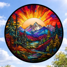 Sunset on Mountains  Trees Faux Stained-Glass WINDOW CLING Size 8" Round Vinyl