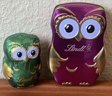 Lindt Eule Metalldose pink + Hohlfigur grün (nicht zum Verzehr) Blechdose