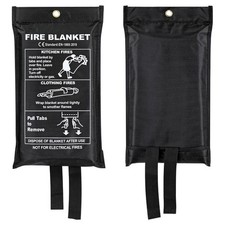 New Quick Release Home & Office Safety Large Fire Blanket In Case 1m X 1m Black
