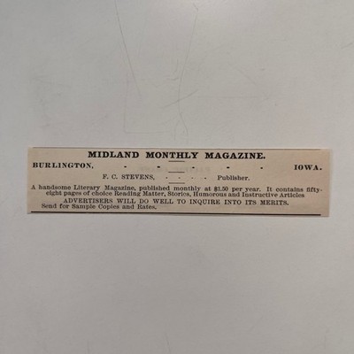 Midland Monthly Magazine F. C. Stevens Burlingtron IA 1890 Newspaper Ad SAI7-M5