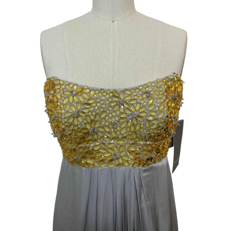 Nuevo con etiquetas Vestido Theia Couture Dorado y Gris Seda Formal Sin Tirantes Con Cuentas Talla 4 $995 Foto 2 de 4