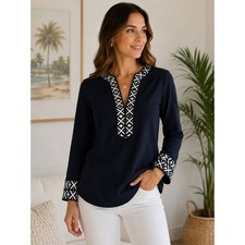 Tory Burch Navy Geometric Embroidered Tunic Top Blouse Size 2 Long Sleeve