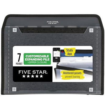  Expanding File Organizer + Study App, 7-Pocket Accordian File Organizer, Black