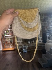Vintage Hand Beaded Evening Bag Gold Silver Walborg Style Purse c. 1950s 1960s