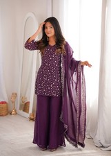 Women Purple Silk Kurta Set Embroidery Sequin Palazzo Dupatta Party Wear