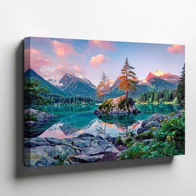 Mountain lake landscape canvas wall art nature scene with trees rocks print