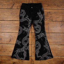 Romwe Y2k Jeans 32x31 Womens Black Flared 00s Stonewash Dragon Print Denim