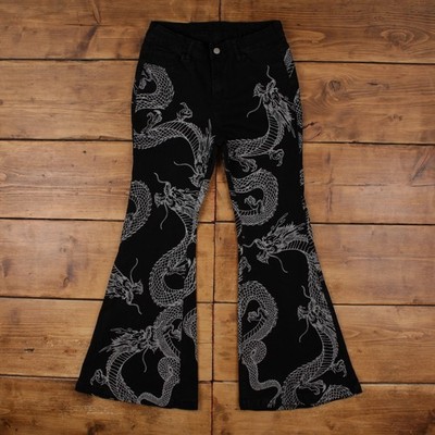Romwe Y2k Jeans 32x31 Damen schwarz ausgestellt 00s Stonewash Dragon Print Denim
