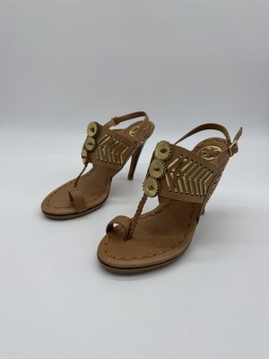 Tory Burch Caylan Leather Sandals Tan Gold Toe Ring Boho Style Heels Tribal Sz 8