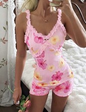 Butter Soft Silky Floral Ruffle Trim Sleep Romper TEDDY Bodysuit XL NEW