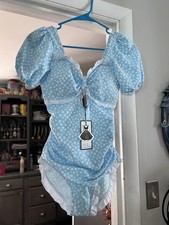 Women s Blue/White Floral Ruffle Lined One-Pi...