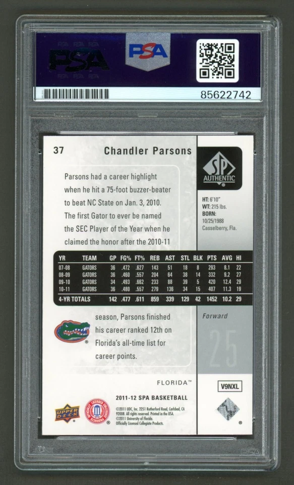 Chandler Parsons Signed 2011-12 SP Authentic Card #37 (PSA) Florida Gators Auto - Image 2 of 2
